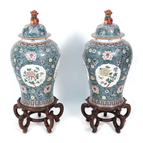 PAIR OF CHINESE FAMILLE ROSE PORCELAIN TEMPLE JARS 20th Century Heights 35".