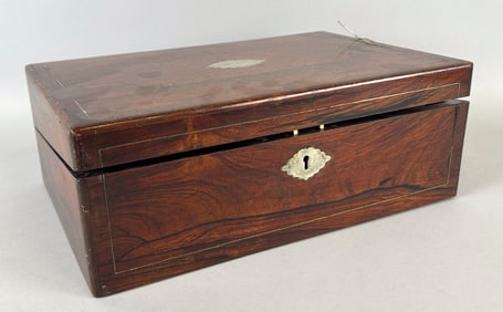 ENGLISH ROSEWOOD LAP DESK WITH BRASS INLAY 19th Century Height 5.25". Width 14.25". Depth 9.5".