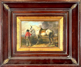 CONTINENTAL SCHOOL (Late 20th Century,), A man leading a horse., Oil on panel, 5" x 7". Framed 10" x