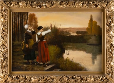 CONTINENTAL SCHOOL (19th Century,), Two young women calling to a man across a pond., Oil on canvas,