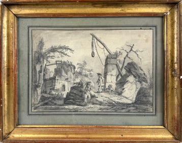 CONTINENTAL SCHOOL (18th Century,), Cart stopped at a toll bridge., Wash on paper, 9" x 12.5" sight.