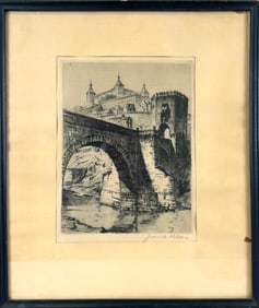 J. VOLDER (Europe, Late 19th Century), Toledo Alcantara Bridge., Etching on paper, 9.5" x 7" sight.