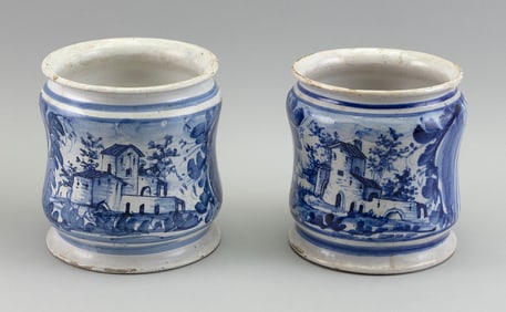 PAIR OF ITALIAN BLUE AND WHITE PORCELAIN APOTHECARY JARS Early 20th Century Heights 6.25". Diameters