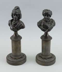 FRENCH GRAND TOUR ERA PATINATED BRONZE BUSTS OF VOLTAIRE AND ROUSSEAU Heights 10.5".
