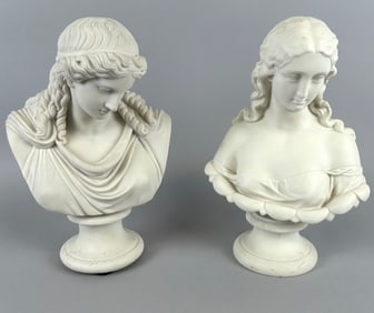 TWO PARIAN CLASSICAL-STYLE BUSTS OF WOMEN Mid- to Late 19th Century Heights approx. 12".