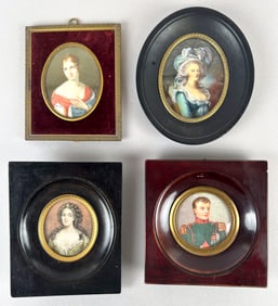 FOUR FRENCH HAND-PAINTED MINIATURE PORTRAITS Framed from 5" x 4" to 5.5" x 4.5".