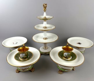 GROUP OF HAND-PAINTED APPLE GREEN PORCELAIN France, 19th Century Tazza heights from 4.5" to 17".