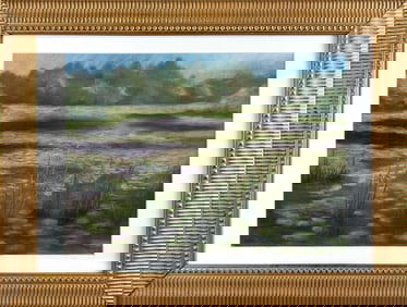 AMERICAN SCHOOL (Contemporary,), Marsh view with lily pads., Pastel, 17" x 23" sight. Framed 26" x