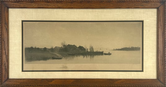 PANORAMIC ETCHING DEPICTING BOATS AND HOUSES ON THE SHORELINE Late 19th/Early 20th Century 9" x