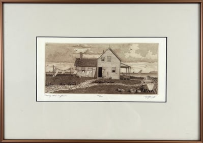 DAVID HUNTER (America, 1947-), "Dory Man's House"., Etching on paper, 5.5" x 11" sight. Framed 12" x