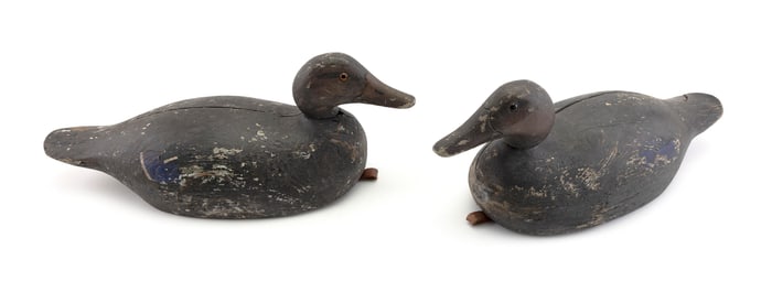 PAIR OF FACTORY BLACK DUCK DECOYS 20th Century Lengths 19".