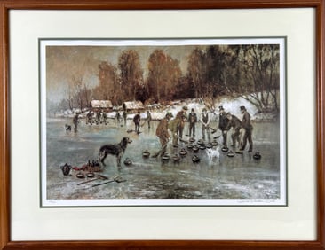 PRINT DEPICTING CURLING ON A RIVER 20th Century 14" x 19". Framed 21" x 27.5".
