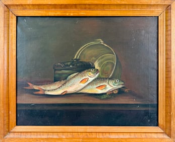 AMERICAN SCHOOL (Early 20th Century,), Still life of trout and a pail., Oil on canvas, 16.25" x 21".
