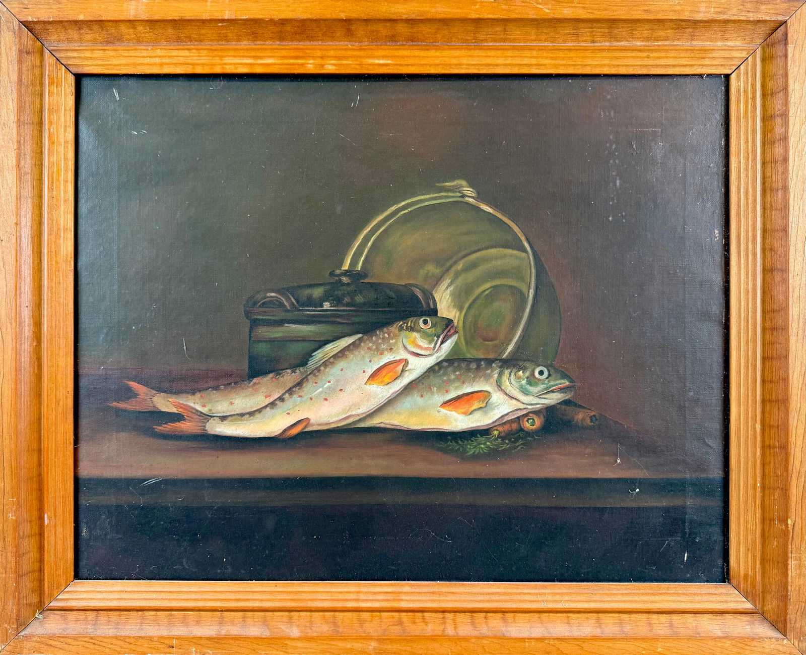 AMERICAN SCHOOL (Early 20th Century,), Still life of trout and a pail., Oil on canvas, 16.25" x 21". (1 of 2)