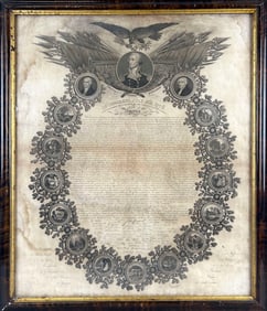 ORNAMENTAL ENGRAVED DECLARATION OF INDEPENDENCE BROADSIDE Circa 1840 25" x 21" sight. Framed 28.5" x