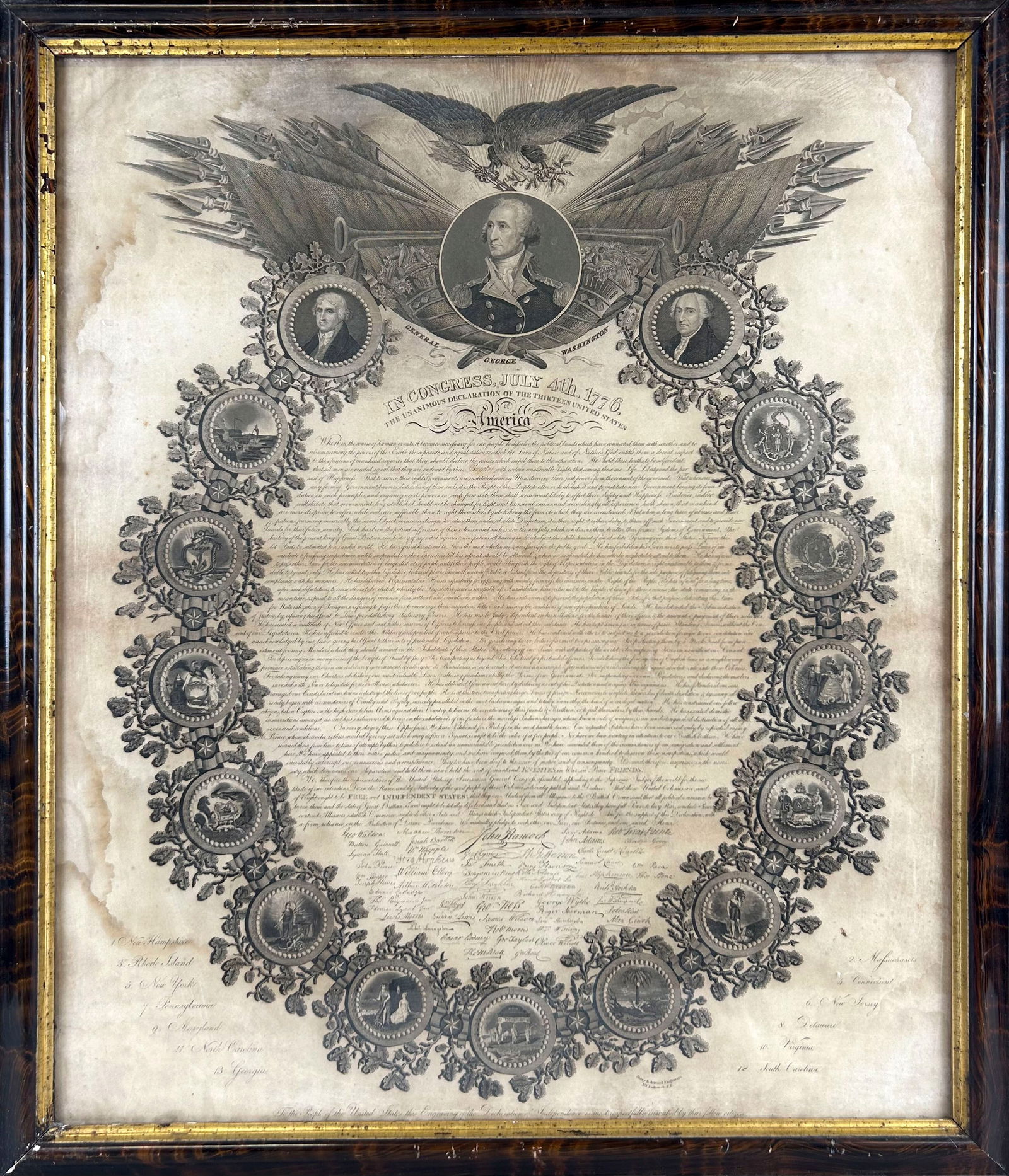 ORNAMENTAL ENGRAVED DECLARATION OF INDEPENDENCE BROADSIDE Circa 1840 25" x 21" sight. Framed 28.5" x (1 of 4)