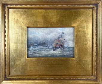 AMERICAN SCHOOL (Late 19th Century,), Ship off a lighthouse., Watercolor on paper, 4.5" x 6.5"