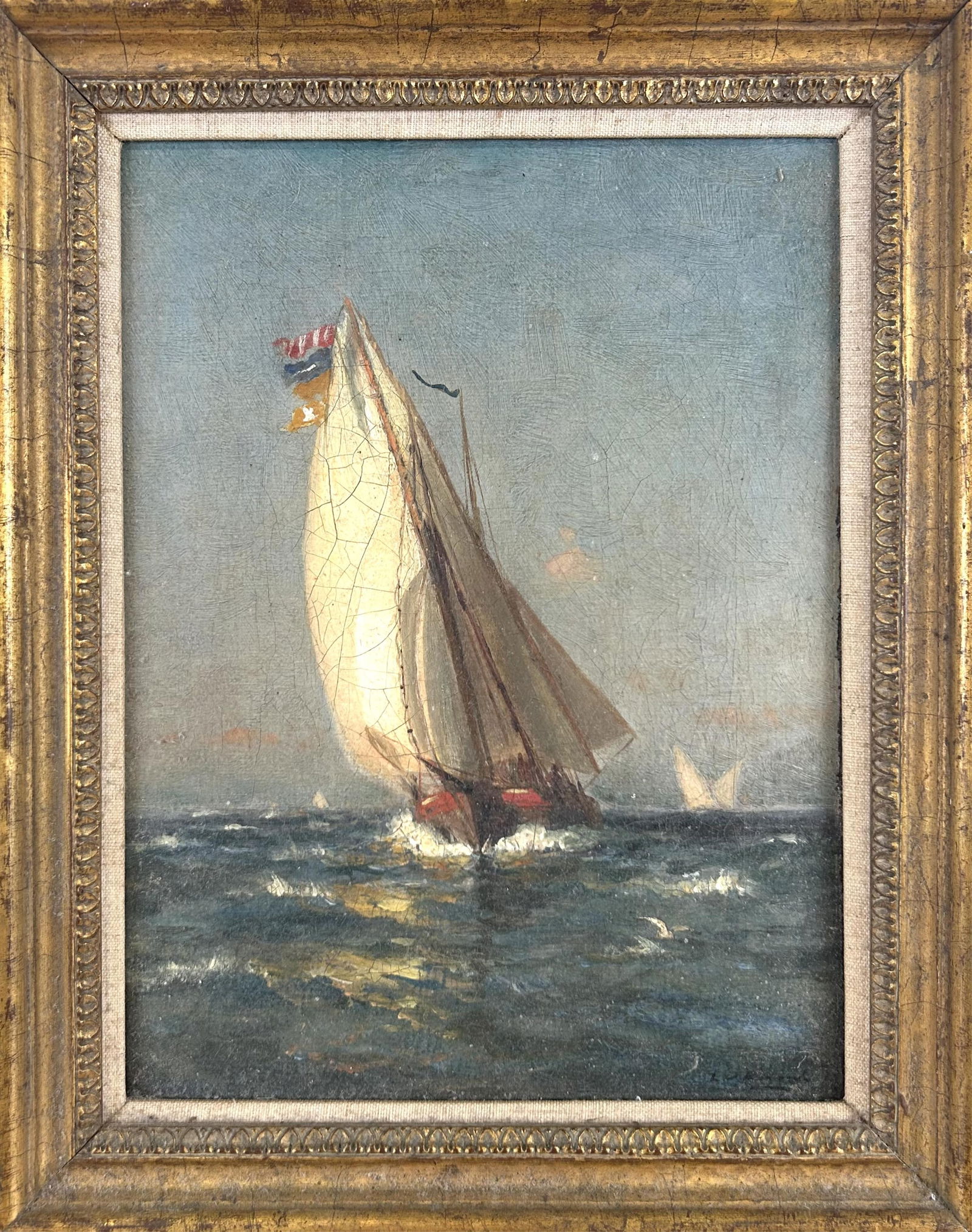 LEMUEL D. ELDRED (Massachusetts, 1848-1921), Ship at sea., Oil on canvas, 12" x 9". Framed 14" x (1 of 3)