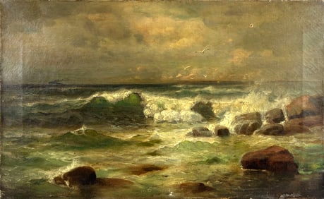 LEMUEL D. ELDRED (Massachusetts, 1848-1921), Gulls soaring over a rocky coast., Oil on canvas, 16" x