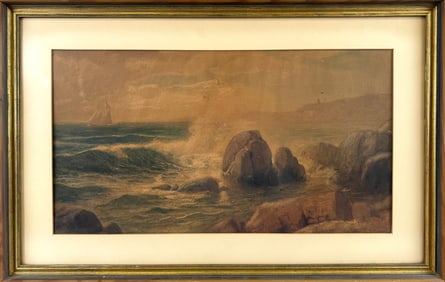 LEMUEL D. ELDRED (Massachusetts, 1848-1921), Waves crashing on the coast., Watercolor, 11" x 20.5"