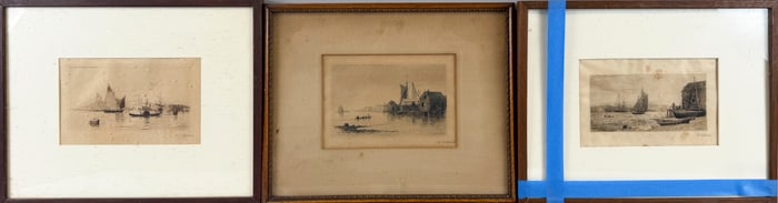LEMUEL D. ELDRED (Massachusetts, 1848-1921), Three etchings:, Approx. 5.5" x 7.5" sight. Framed