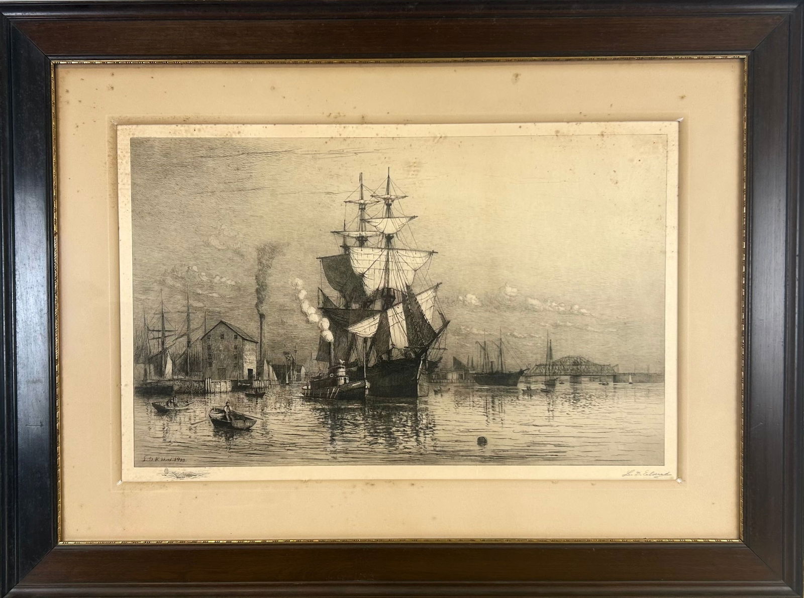 LEMUEL D. ELDRED (Massachusetts, 1848-1921), "Fairhaven"., Etching, 19.5" x 36" sight. Framed 32" x (1 of 4)
