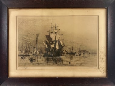 LEMUEL D. ELDRED (Massachusetts, 1848-1921), New Bedford Harbor., Etching, 20" x 31" sight. Framed