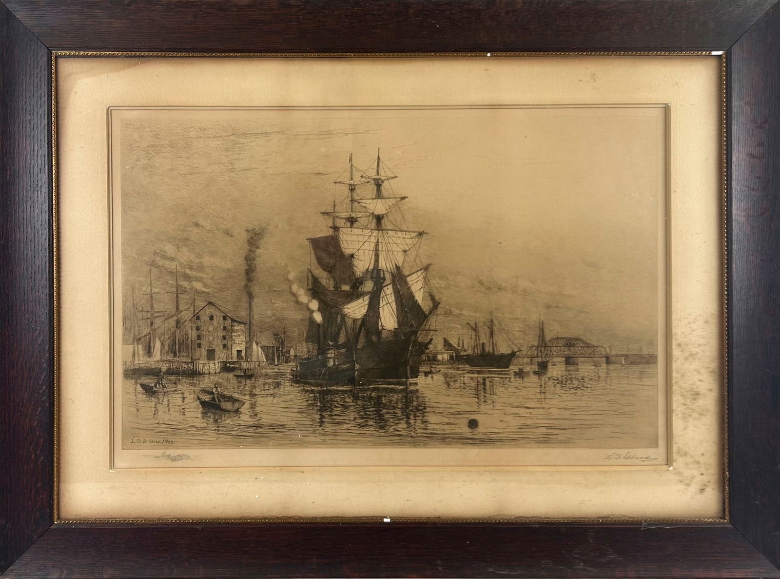 LEMUEL D. ELDRED (Massachusetts, 1848-1921), New Bedford Harbor., Etching, 20" x 31" sight. Framed (1 of 3)
