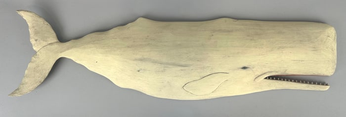 DANNY BRUFFEE CARVED WOODEN SPERM WHALE PLAQUE Massachusetts, Contemporary Height 10". Length 37".