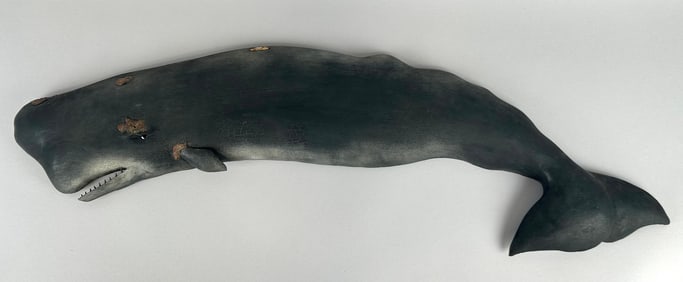 ROGER MITCHELL CARVED WOODEN SPERM WHALE PLAQUE Massachusetts, 20th Century Length 37".