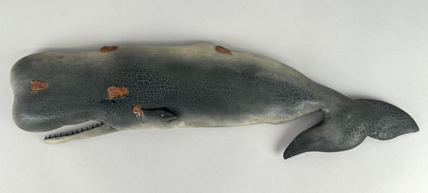 ROGER MITCHELL CARVED WOODEN SPERM WHALE PLAQUE Massachusetts, Contemporary Length 24".