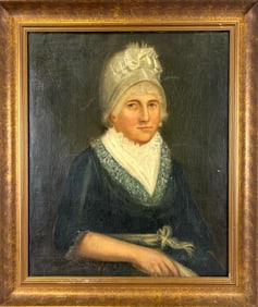 AMERICAN SCHOOL (19th Century,), Portrait of a woman wearing a white bonnet, dark dress and a green