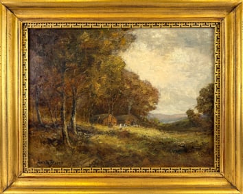 GEORGE A. TRAVER (New York, 1864-1928), Cabins in a landscape., Oil on canvas, 18" x 24". Framed 24"