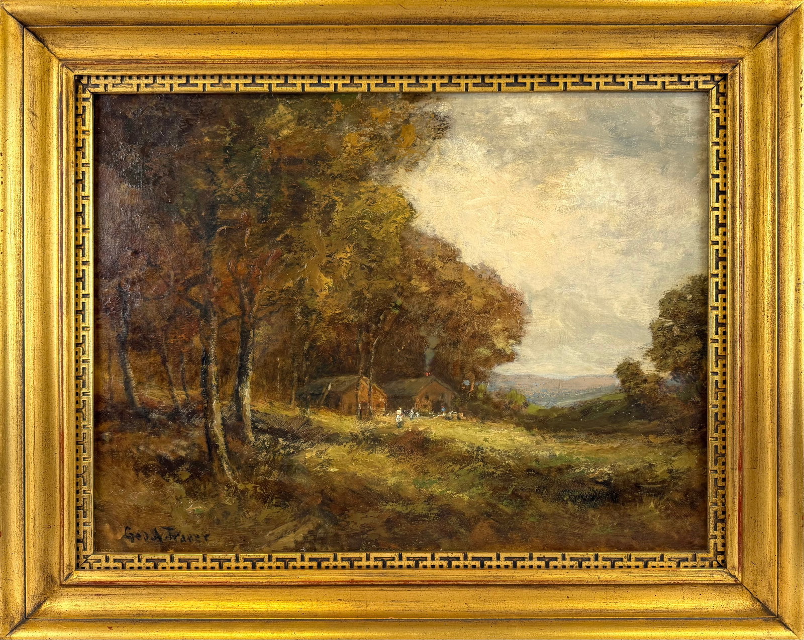 GEORGE A. TRAVER (New York, 1864-1928), Cabins in a landscape., Oil on canvas, 18" x 24". Framed 24": GEORGE A. TRAVER New York, 1864-1928 Cabins in a landscape. Signed lower left "Geo. A. Traver". Oil on canvas, 18" x 24". Framed 24" x 30".