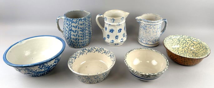 COLLECTION OF SPONGE-DECORATED SALT GLAZE TABLEWARES Late 19th Century Pitcher heights 7" and 7.5".