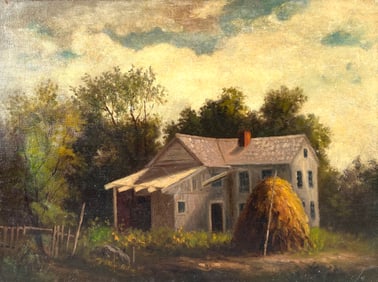 AMERICAN SCHOOL (19th Century,), Rural landscape with barn and haystack., Oil on canvas, 18" x 24".