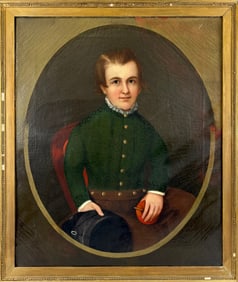 AMERICAN SCHOOL (Mid-19th Century,), Portrait of a young boy seated in a chair, holding a cap and an