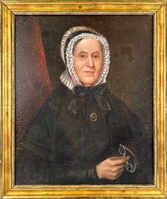 AMERICAN SCHOOL (Early to Mid-19th Century,), Portrait of a woman holding a pair of spectacles., Oil