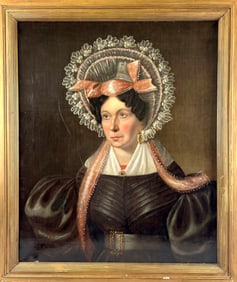 AMERICAN SCHOOL (Mid-19th Century,), Portrait of a lady wearing a lace bonnet tied with a pink