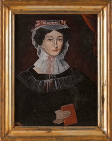 MANNER OF SHELDON PECK (America, 19th Century), Portrait of a woman holding a book., Oil on canvas,