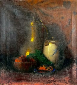 AMERICAN SCHOOL (19th Century,), Still life with stoneware and brass., Oil on canvas, 24" x 22".