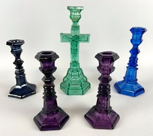 FIVE COLORED PRESSED GLASS CANDLESTICKS 19th Century Heights from 7.75" to 11.5".