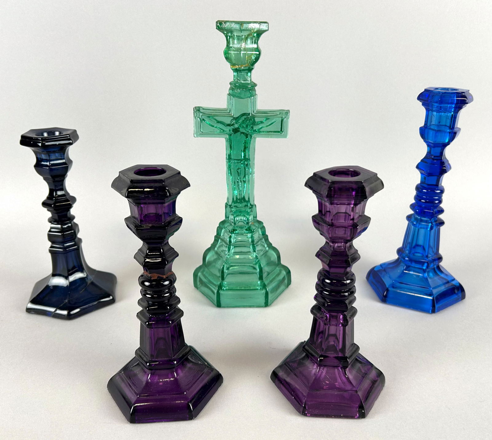 FIVE COLORED PRESSED GLASS CANDLESTICKS 19th Century Heights from 7.75" to 11.5". (1 of 4)