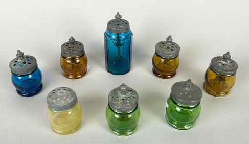 EIGHT COLORED GLASS CONTAINERS 19th Century Heights from 2.5" to 3".