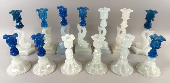 THIRTEEN BLUE AND WHITE PRESSED GLASS CANDLESTICKS, MOSTLY SANDWICH 19th Century Heights from 6.75"