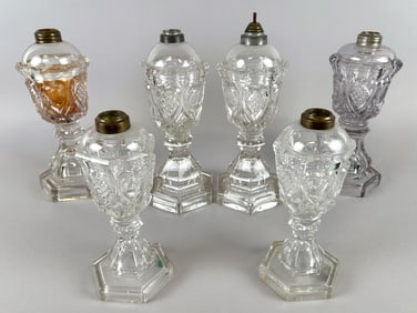SIX SWEETHEART PATTERN FLINT GLASS LAMPS 19th Century Heights from 8" to 10.5".