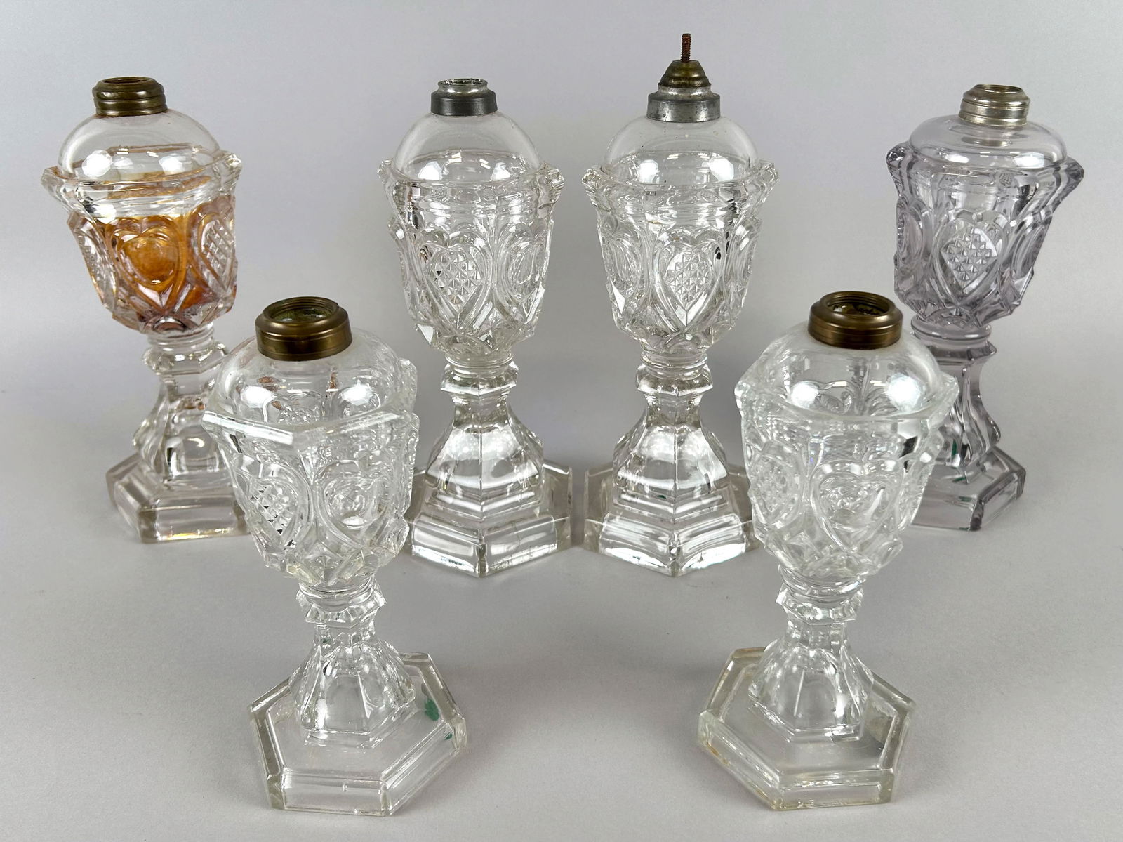 SIX SWEETHEART PATTERN FLINT GLASS LAMPS 19th Century Heights from 8" to 10.5". (1 of 2)