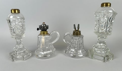 FOUR FLINT PATTERN GLASS LAMPS 19th Century Heights from 6.5" to 10".