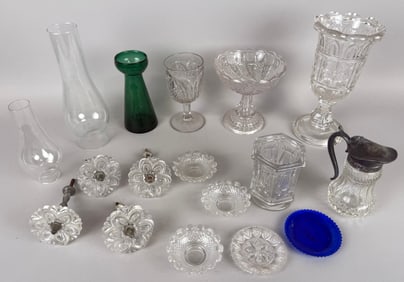 SEVENTEEN PIECES OF MOSTLY FLINT PATTERN GLASS 19th Century Heights to 9.75".
