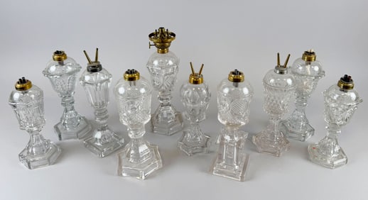 TEN FLINT PATTERN GLASS LAMPS Mid-19th Century Heights from 9.5" to 11.5".